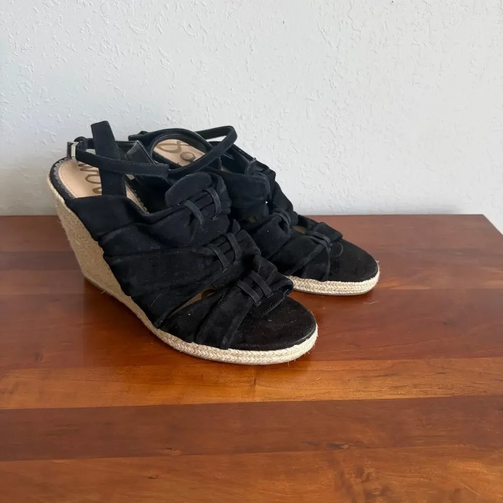 Sam Edelman Awan Black Suede Leather Espadrille Wedge Strappy Sandal Womens 8